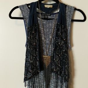 Navy sequin and beaded racerback open vest